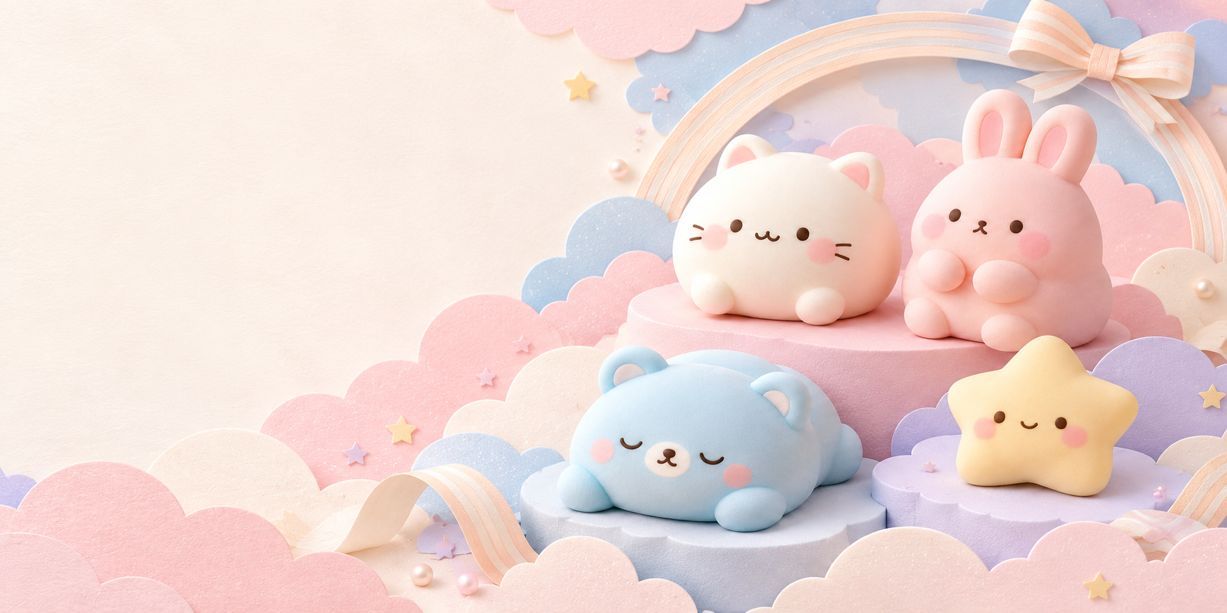 Layered paper art with kawaii squishy characters